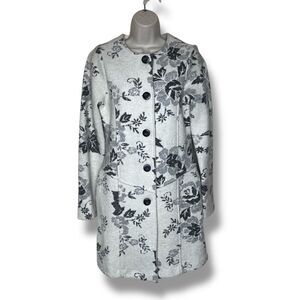 Lucy & Laurel Wool Blend Floral Coat Off White Gray Button Front Women Medium
